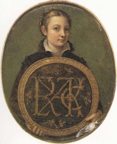 Self-Portrait Holding a Medallion with the Letters of her Father s Name,